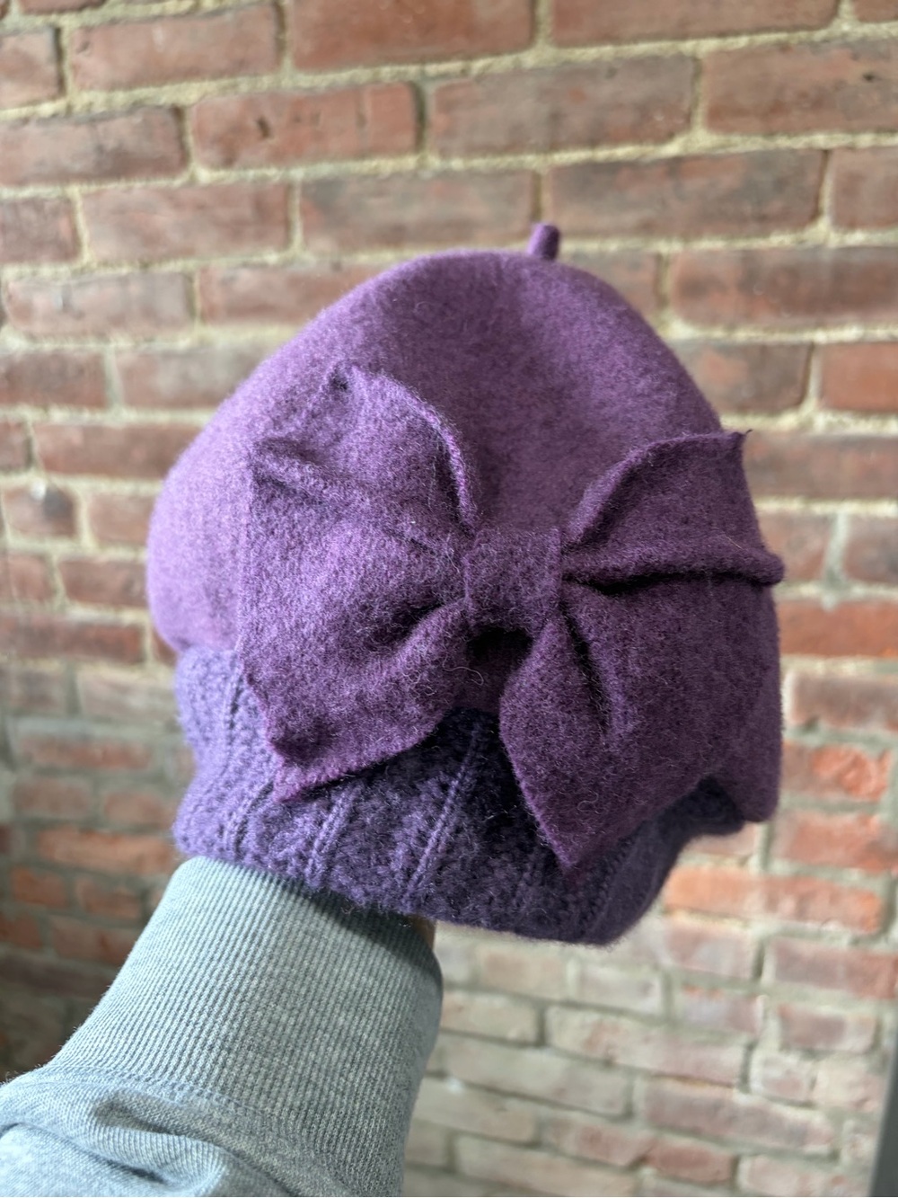 Wool French Beret Purple Hat pull on with bow